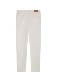 Witte katoenen broek met een rechte pijp. Voorzien van twee achterzakken en een klein merklabel op de taille. Geen zichtbare patronen.