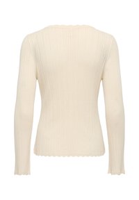 Pull en maille couleur crème, manches longues, fined côtes verticales et bords festonnés aux poignets et à l'ourlet, vu de dos.