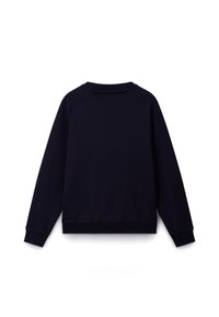 Sweat-shirt uni bleu marine foncé à manches longues avec poignets et taille côtelés, vu de dos sur fond blanc.