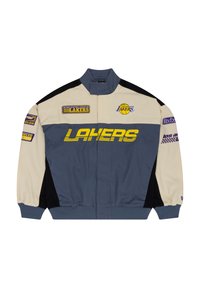 Lakers jacket in beige, gray, and black. Features logos in purple and yellow, high collar, zipper front, and elastic cuffs.