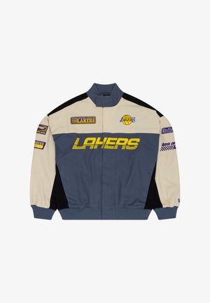 Lakers jacket in beige, gray, and black. Features logos in purple and yellow, high collar, zipper front, and elastic cuffs.