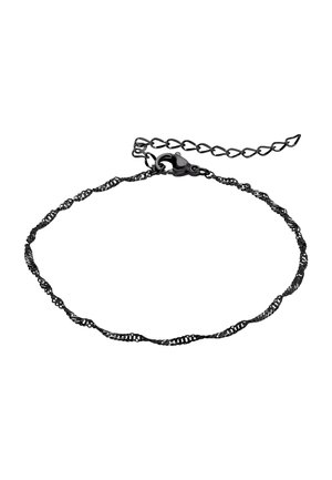 Czarny bransoletka metalowa z twisted designem, z łańcuszkiem przedłużającym i zapięciem na zamek homarowy. Gładka tekstura, lekkie wykonanie.