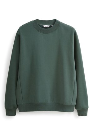 Mørkegrøn crewneck-sweatshirt med lange ærmer, ribstrikkede manchetter og kant, vist på hvid baggrund.