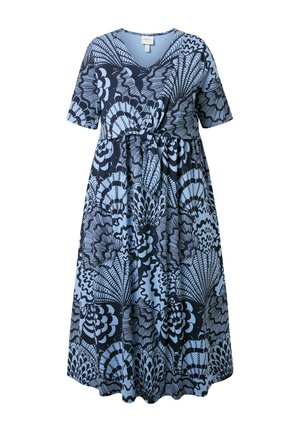 Blauwe midi-jurk met korte mouwen, V-hals, een all-over abstract waaierpatroon en een knoopdetail aan de voorkant in de taille.