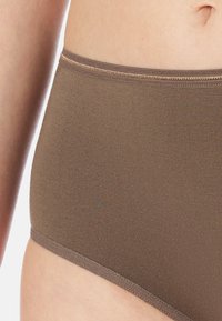 Braune hochgeschnittene Unterwäsche aus weichem Stoff, mit einer glatten Textur und einem verstärkten elastischen Bund mit tonal abgestimmten Nähten entlang der Kanten.