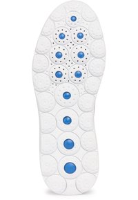 Suela blanca de zapato con patrones circulares y acentos en azul, además de pequeñas perforaciones. Texturizada para mayor agarre y con forma redondeada.