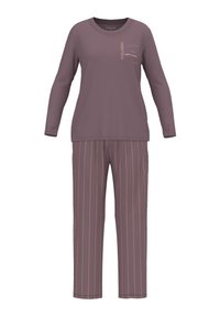 Two-piece loungewear set in mauve, featuring a long-sleeve top with graphic print and striped pants with a relaxed fit.