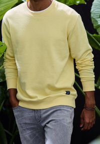 Pull-over sweat-shirt jaune pâle à manches longues, avec poignets et ourlet côtelés, présentant un petit patch logo en bas à gauche.