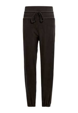 Pantaloni jogger neri realizzati in materiale morbido, dotati di una vita elastica con cordino e polsini a gamba stretta alla caviglia.