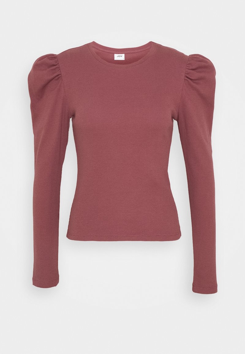 Top a maniche lunghe in rosa polveroso, presenta una texture a coste, un design aderente e dettagli con spalle a palloncino. Il materiale sembra elastico e morbido.