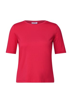 T-shirt en coton rouge à manches courtes, col rond, et texture lisse. L'étiquette au cou indique "CECIL". Design simple et sans adornement.