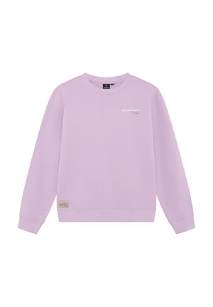 Sweat-shirt lilas en tissu mélange de coton. Il présente des manches longues, un col rond, un petit logo imprimé sur la poitrine et une étiquette à l'ourlet.