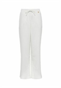 Białe lniane spodnie z elastycznym paskiem w talii, regulowanym sznurkiem oraz jednym małym logo. Prosty fason nogawki.