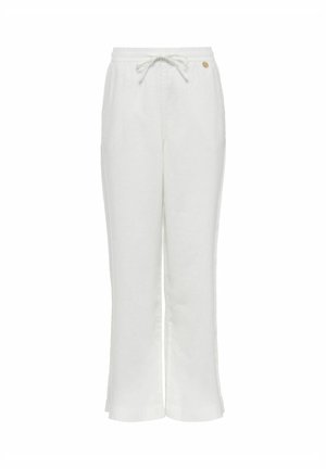 Białe lniane spodnie z elastycznym paskiem w talii, regulowanym sznurkiem oraz jednym małym logo. Prosty fason nogawki.