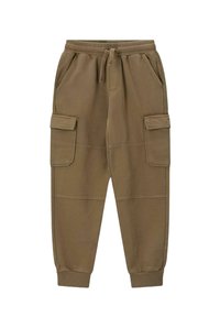 Pantalon cargo kaki en mélange de coton, avec une taille élastique et cordon de serrage, deux poches latérales et deux poches cargo sur les cuisses.