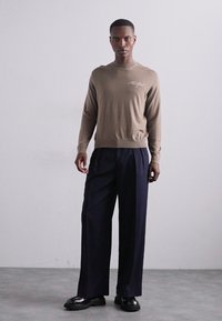 Pulover tricotat de culoare maronie deschis, cu guler înalt, asociat cu pantaloni largi de culoare bleu închis și pantofi negri, creând un look simplu și modern.