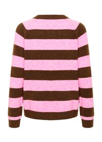 Brun och rosa randig tröja med rund hals, långa ärmar och mjuk textur. Ränderna växlar mellan breda och smala.