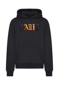 Svart hoodie med en framficka och en färgglad broderad text som läser "PARIS" i olika stilar och texturer.