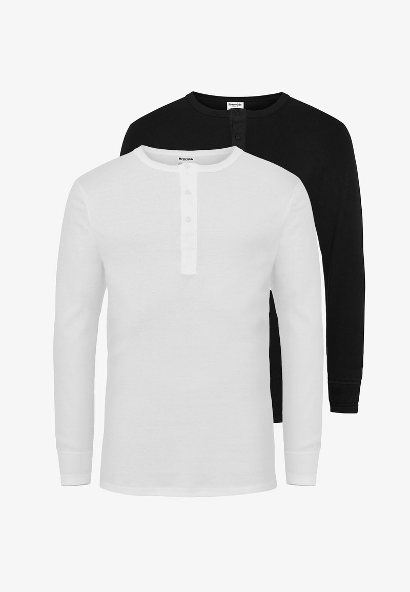 Two long-sleeve henley shirts: one white with a button placket and one black. Both have soft cotton fabric and ribbed cuffs.