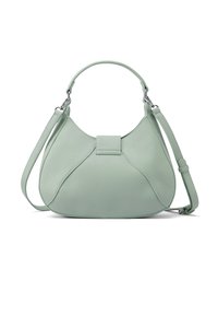 Borsa a tracolla in pelle verde chiaro con design curvo, manico corto e tracolla regolabile. Presenta un motivo cucito e chiusura a clasp.