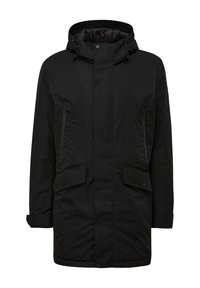 Schwarze, knielange Parkajacke mit einem Frontreißverschluss, Knopfverschluss und zwei doppelten Reißverschlusstaschen. Verfügt über eine Kapuze und eine weiche Textur.