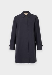 Σκούρο μπλε παλτό μεσαίου μήκους με γιακά, μακριά μανίκια και κουμπιά στις μανσέτες. Λείο ύφασμα με μινιμαλιστικό σχέδιο.