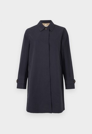Navy blue, mid-length coat with a collared neckline, long sleeves, and button accents on cuffs. Smooth fabric with a minimalistic design.