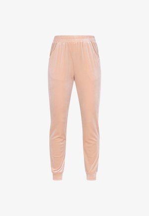Lyserøde velour joggers med elastisk talje, to sidelommer og fitted cuffs ved anklerne. Glat, blød tekstur.