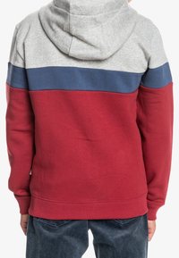 Persona che indossa un felpa color block con cappuccio grigio, sezione centrale blu e parte inferiore rossa, abbinata a pantaloni di jeans blu, vista posteriore.