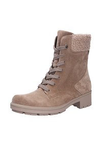 Bottines en suède marron clair avec un col en fausse fourrure texturée, un devant à lacets et une semelle en caoutchouc épaisse pour une meilleure traction.