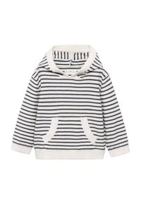 Felpa a righe in navy e bianco, con tasca frontale e un tessuto morbido e testurizzato, dotata di un ampio scollo e maniche lunghe.