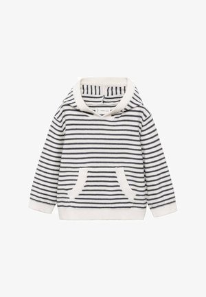 Felpa a righe in navy e bianco, con tasca frontale e un tessuto morbido e testurizzato, dotata di un ampio scollo e maniche lunghe.