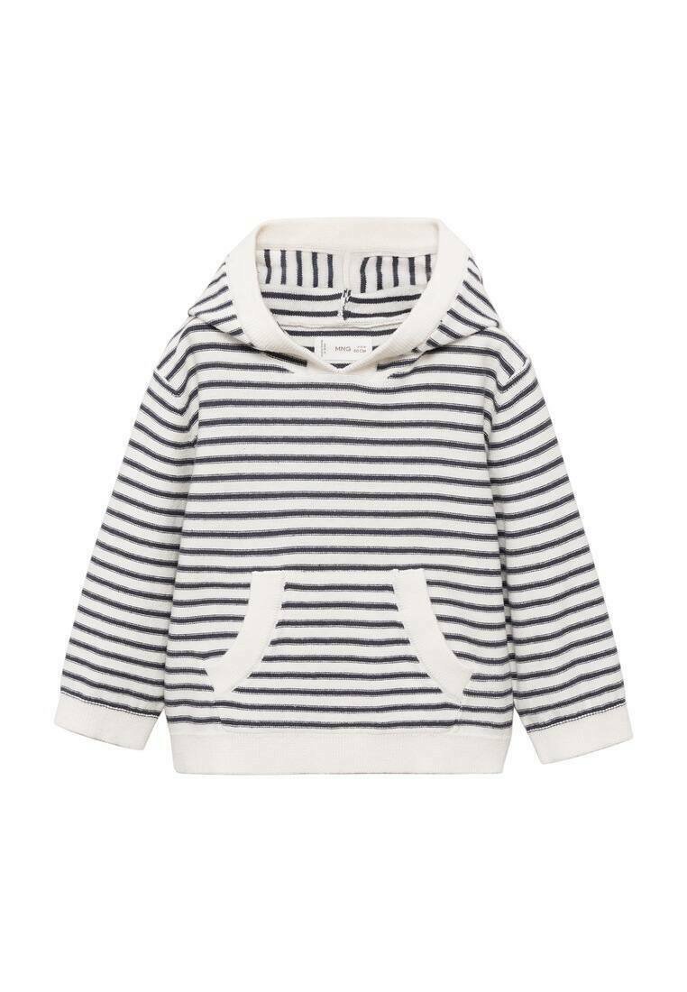 Randig huvtröja i marinblått och vitt, med en framficka och ett mjukt, texturerat tyg, bred halsringning och långa ärmar.