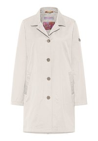 Lichtbeige trenchcoat met een knoopsluiting, spitse kraag, twee zijzakken en een logo-opdruk op de mouw. Glad, lichtgewicht materiaal.