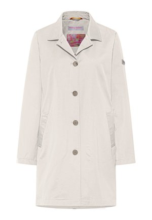 Lichtbeige trenchcoat met een knoopsluiting, spitse kraag, twee zijzakken en een logo-opdruk op de mouw. Glad, lichtgewicht materiaal.