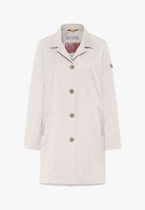 Lichtbeige trenchcoat met een knoopsluiting, spitse kraag, twee zijzakken en een logo-opdruk op de mouw. Glad, lichtgewicht materiaal.