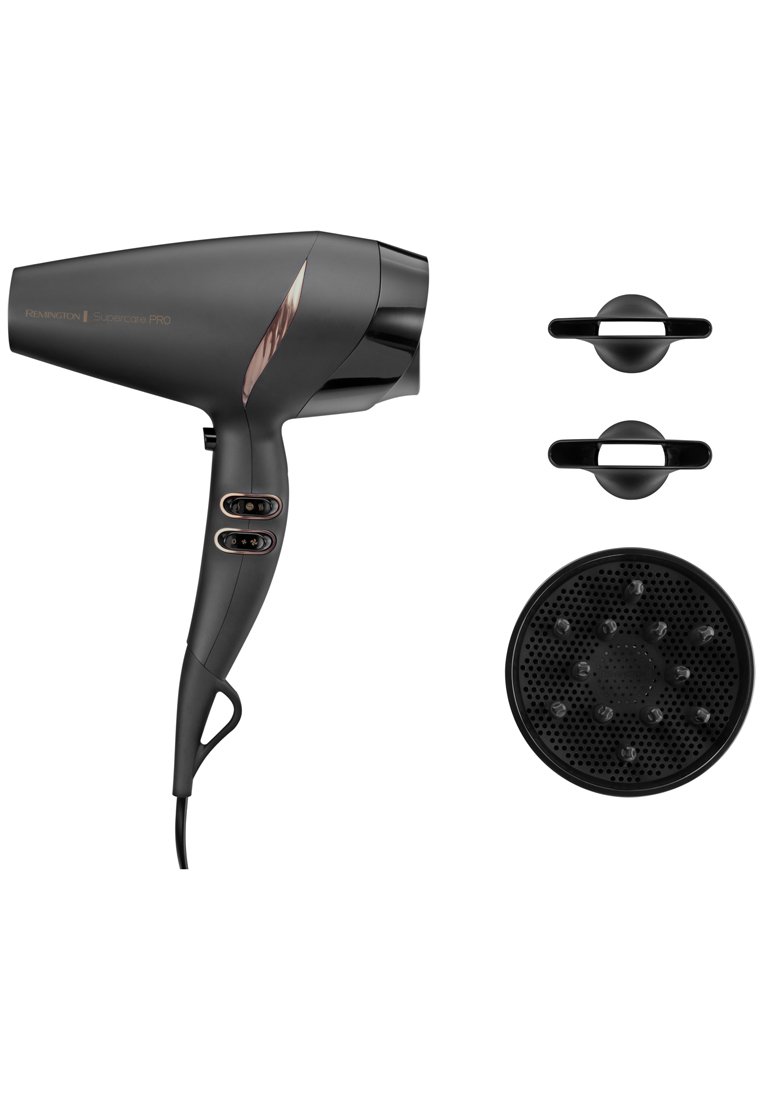 Svart hårtork med roséguldaccenter, ergonomiskt grepp, två hastighetsinställningar och tre tillbehör: en diffuser och två koncentratorer.