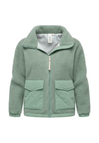 Giacca in pile verde chiaro con colletto alto, zip frontale, polsini elasticizzati e due grandi tasche a pattina imbottite davanti.