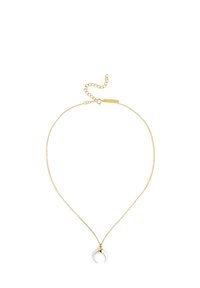 Collana in oro con pendente a mezzaluna bianco, caratterizzata da un design delicato e una lunghezza regolabile con chiusura a gancio.