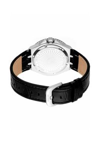 Orologio in acciaio inossidabile con un cinturino in pelle nera texturizzata, dotato di una cassa rotonda, retro inciso e chiusura con fibbia argentata.