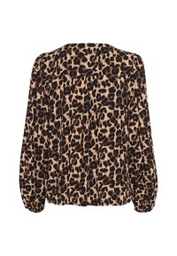 Blouse à imprimé léopard beige et noir, avec des manches bouffantes longues, des détails plissés à l'arrière et une coupe décontractée.