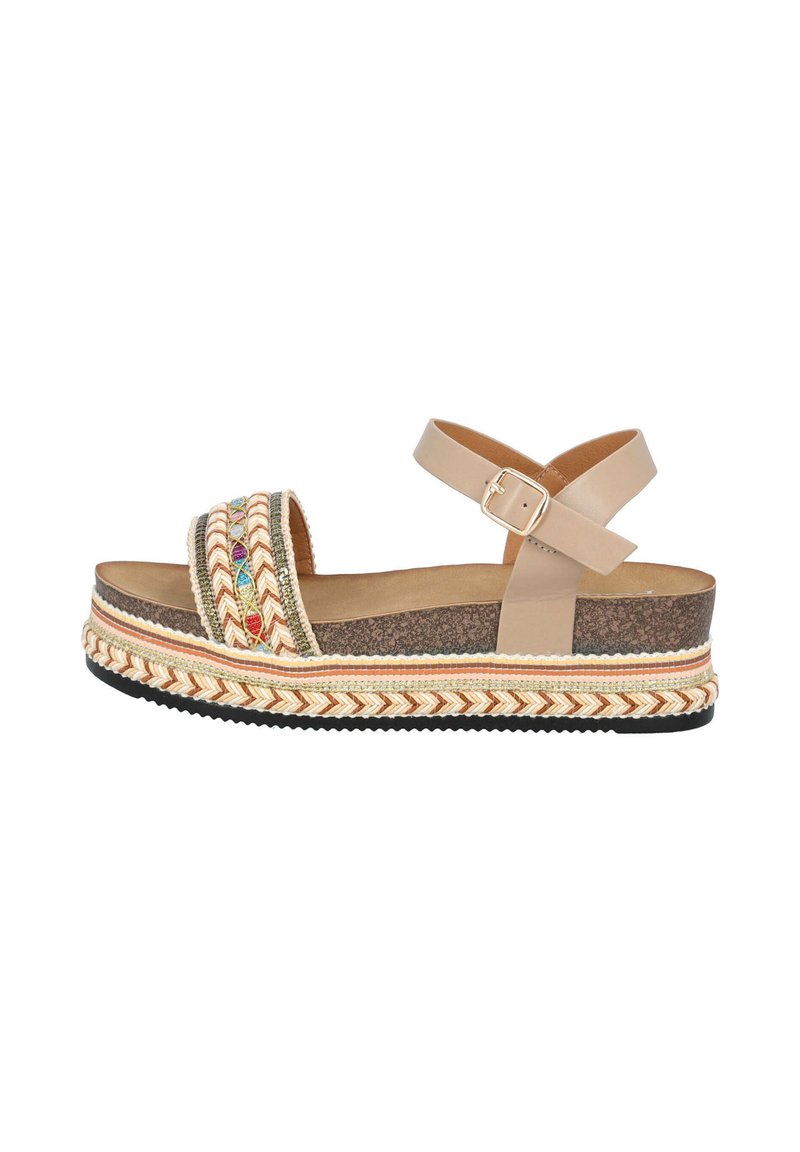 Sandalias de plataforma beige con tiras trenzadas de múltiples colores, plantilla media marrón texturizada y correa ajustable en el tobillo. Suela de goma para un mejor agarre.