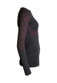 Svart långärmad skjorta med ett mönstrat mörkröd design på ärmarna, figursydd passform, slät textur och rund halsringning.