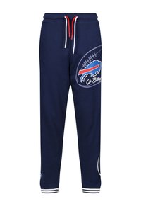 Marineblå sweatpants med et blåt og rødt Buffalo Bills-logo, hvide snore og stribede manchetter ved anklerne. Blød stoftekstur.