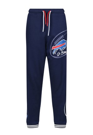 Marineblå sweatpants med et blåt og rødt Buffalo Bills-logo, hvide snore og stribede manchetter ved anklerne. Blød stoftekstur.