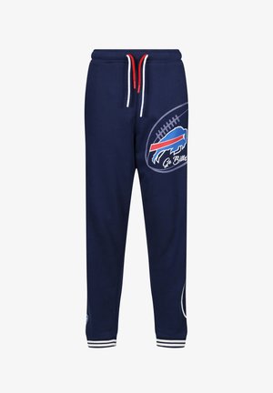 Marineblauwe sweatpants met een blauw en rood Buffalo Bills-logo, witte trekkoorden en gestreepte boorden bij de enkels. Zachte stoftextuur.