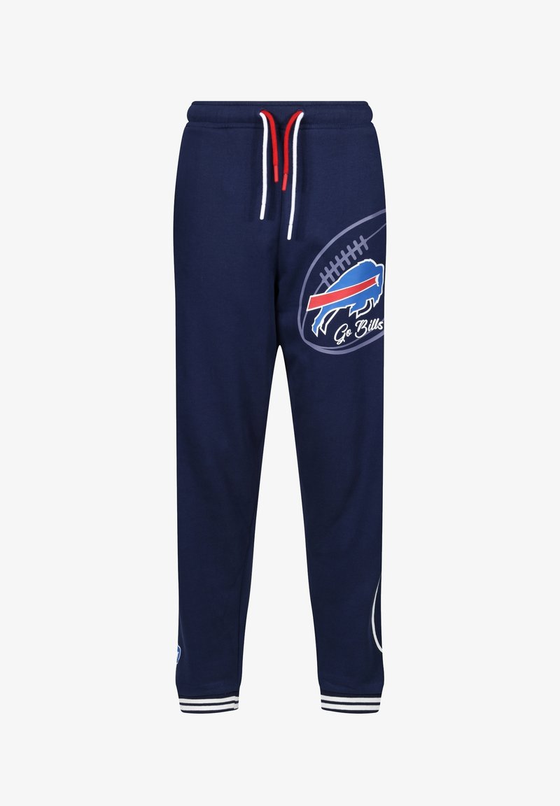 Marineblaue Sweatpants mit einem blauen und roten Buffalo Bills-Logo, weißen Kordeln und gestreiften Bündchen an den Knöcheln. Weicher Stofftextur.