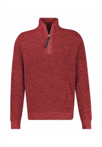 Roter Pullover mit halbem Reißverschluss aus strukturiertem Strickstoff. Verfügt über einen Stehkragen und kontrastierende Reißverschlusslasche. Lange Ärmel.