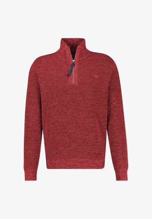 Rode half-zip pullover gemaakt van gestructureerde gebreide stof. Voorzien van een opstaande kraag en een contrasterende ritstrekkergreep. Lange mouwen.