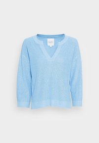 Maglione lavorato a maglia azzurro chiaro con scollatura a V, maniche a tre quarti, orlo a costine e rifinitura del collo a contrasto. Tessuto morbido e vestibilità rilassata.